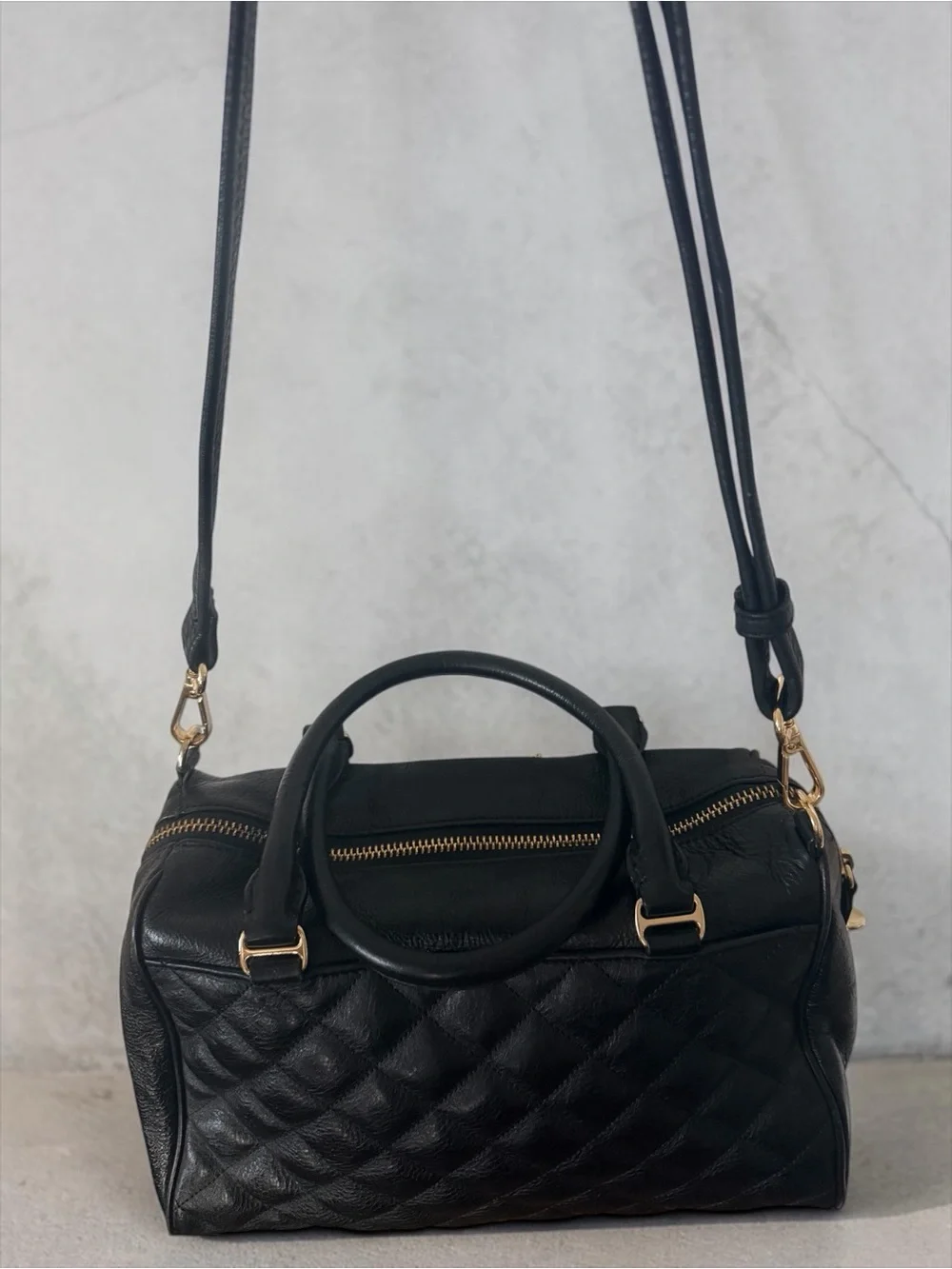 Rebecca Minkoff Quilted Leather Satchel Crossbody Black Gold Hardware Handle Bag
